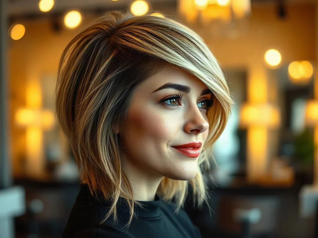 Kobieta z modnym połączeniem ciemnych odrostów i blond włosów, prezentująca elegancką fryzurę w salonie fryzjerskim.