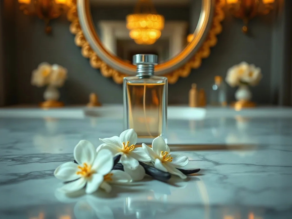 Elegancki flakon perfum La Rive Her Choice na marmurowym blacie w otoczeniu kwiatów jaśminu i wanilii.
