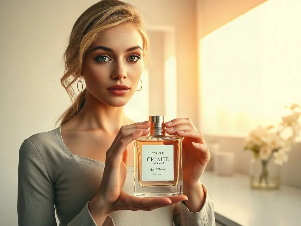 Elegancka kobieta trzymająca minimalistyczny flakon perfum w jasnym, nowoczesnym wnętrzu.