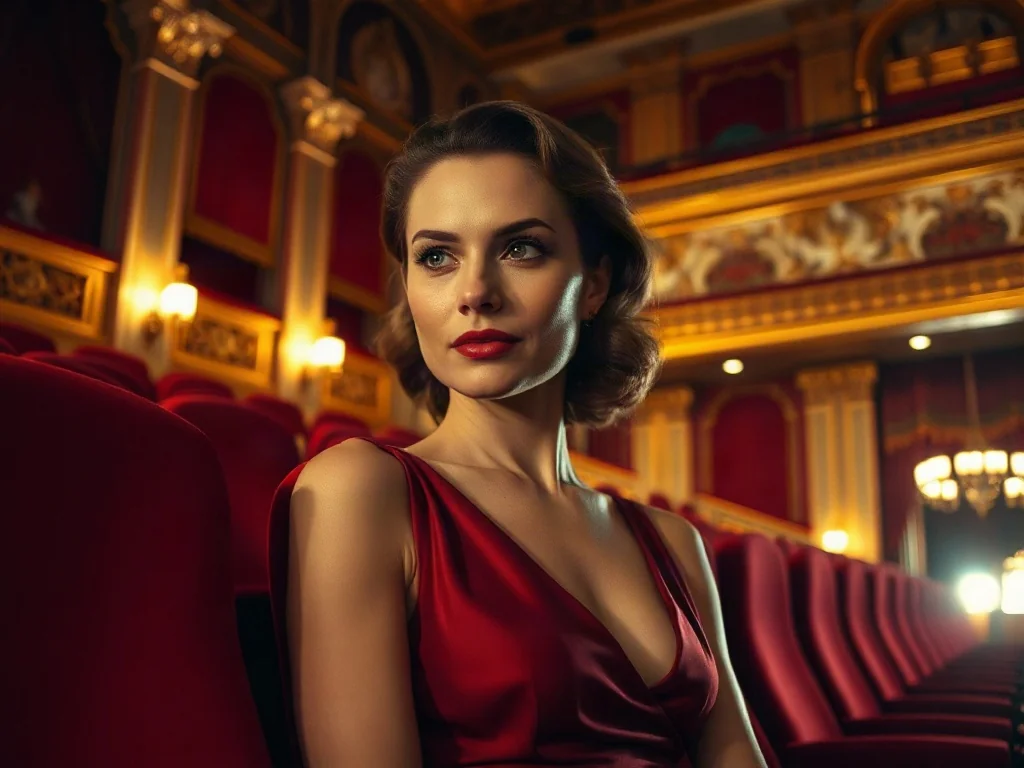 Elegancka kobieta w koktajlowej sukience siedzi w fotelu teatralnym, prezentując szykowną stylizację na komedię.