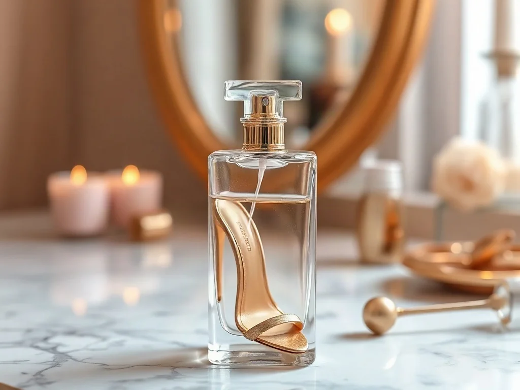 Elegancki flakon perfum Carolina Herrera w kształcie złotego szpilki na marmurowym blacie w luksusowym wnętrzu.