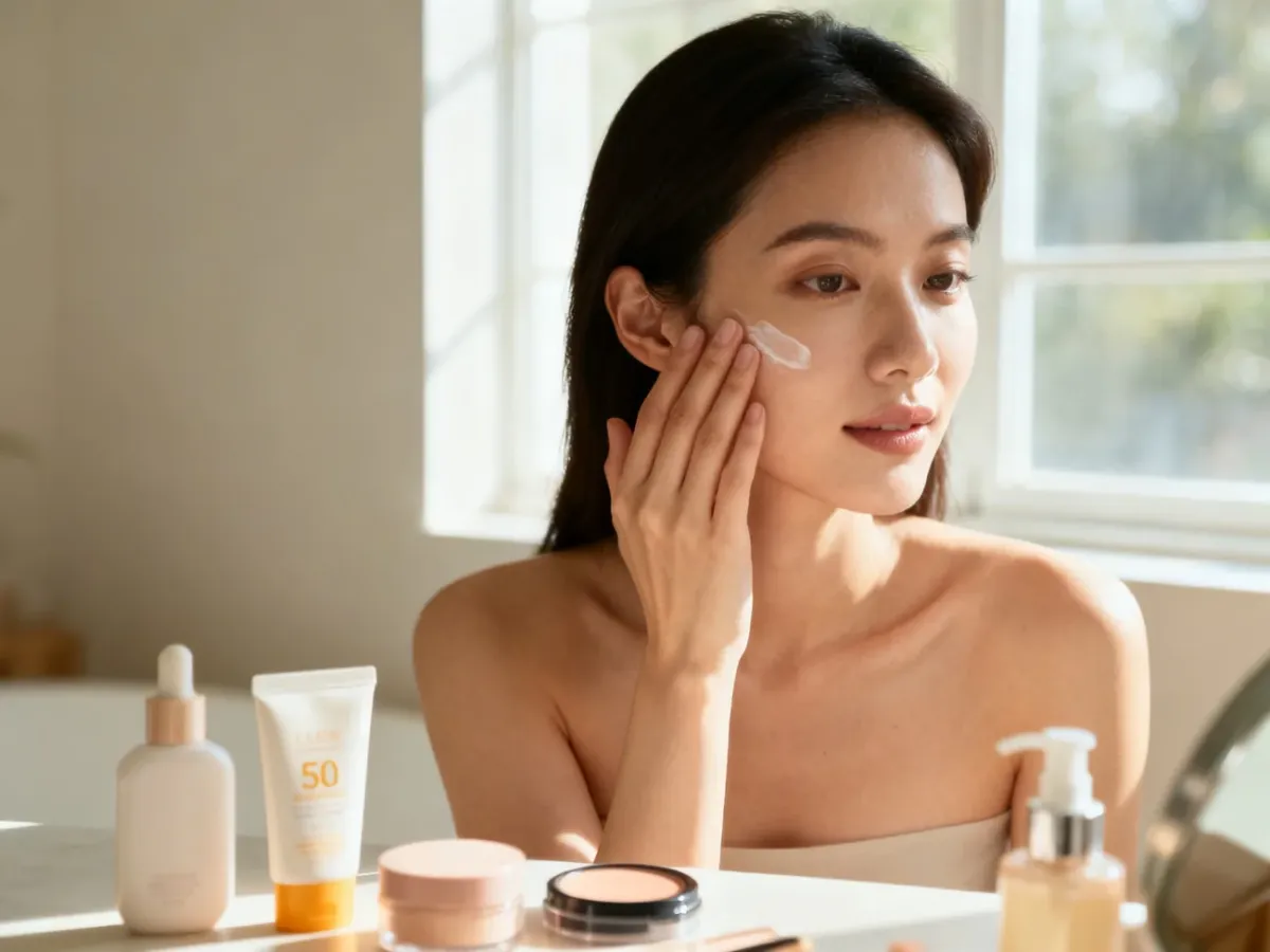 Nakładanie kremu z filtrem SPF 50 przed makijażem