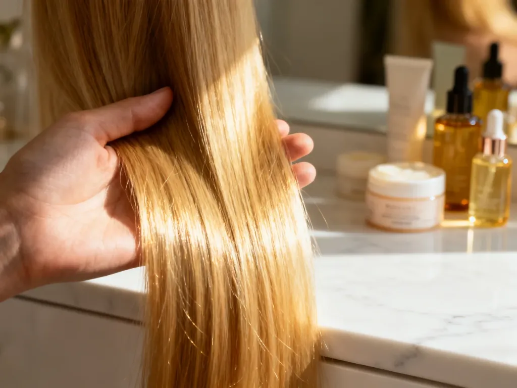 Zdrowe, lśniące pasma blond włosów po profesjonalnej pielęgnacji, z produktami nawilżającymi w tle.