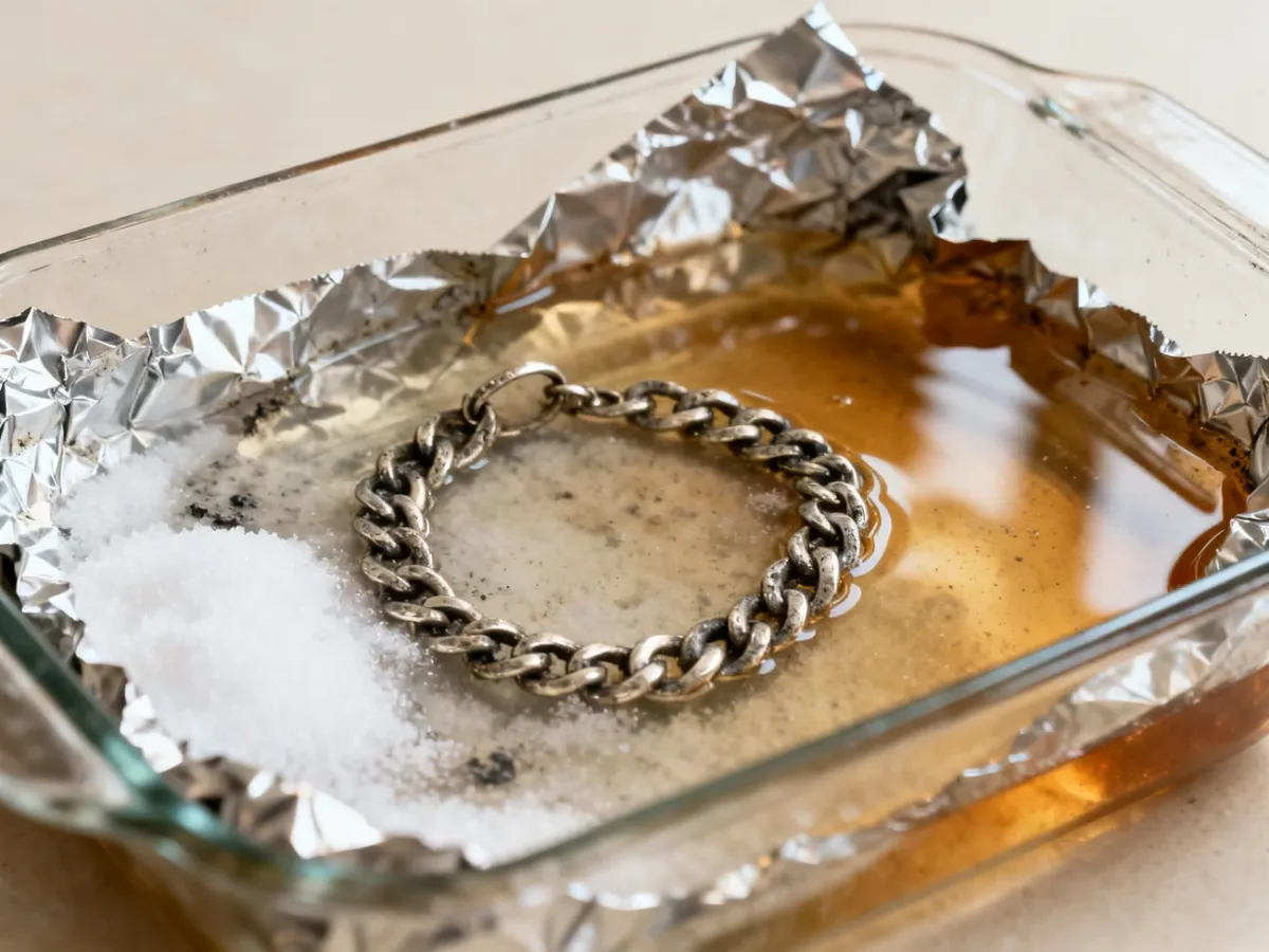 Srebrny łańcuszek zanurzony w kąpieli z folią aluminiową, solą i ciepłą wodą