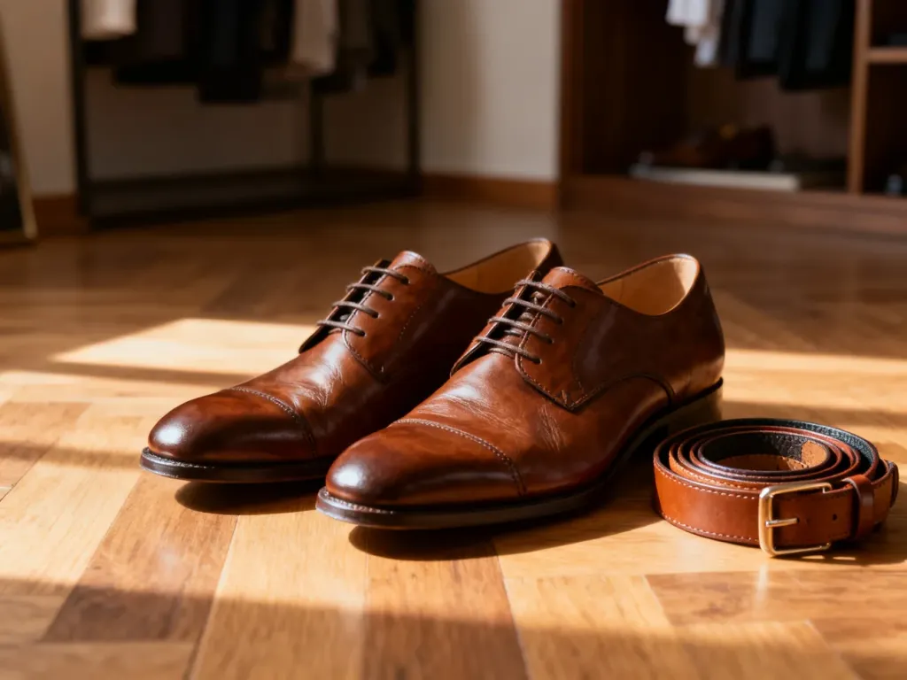 Eleganckie brązowe buty skórzane zestawione z dopasowanymi paskami w różnych odcieniach brązu na drewnianej podłodze.