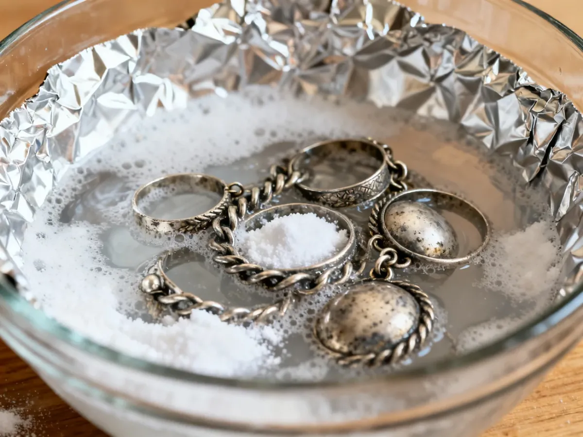 Srebrna biżuteria zanurzona w gorącej kąpieli z sodą i folią aluminiową