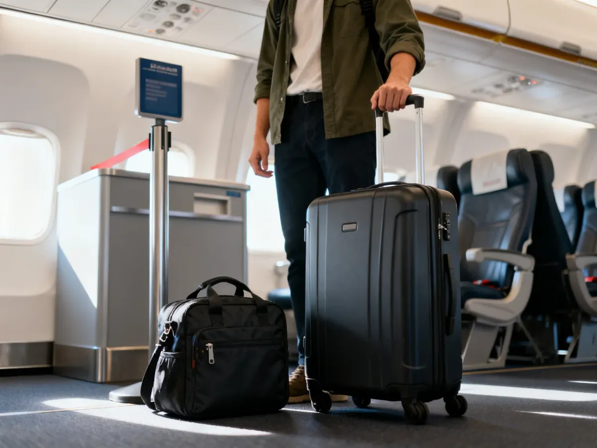 Pasażer porównujący małą torbę pod siedzenie z większą walizką kabinową na lotnisku