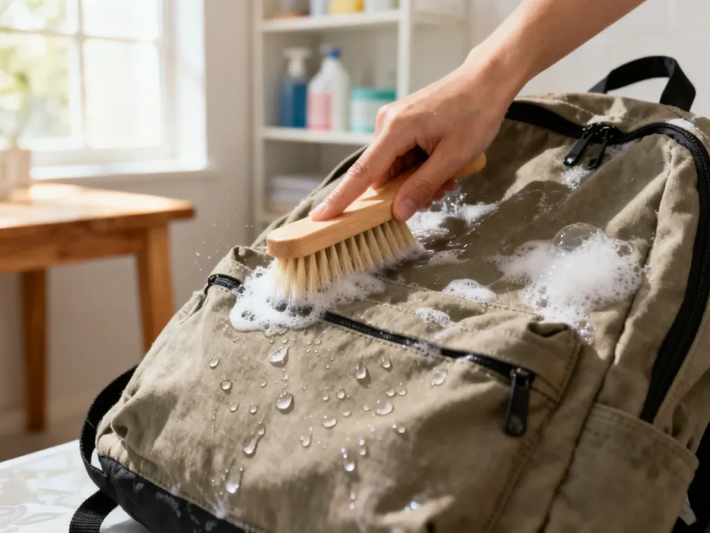 Delikatne czyszczenie materiałowego plecaka miękką szczotką z wodą z mydłem w jasnej pralni.