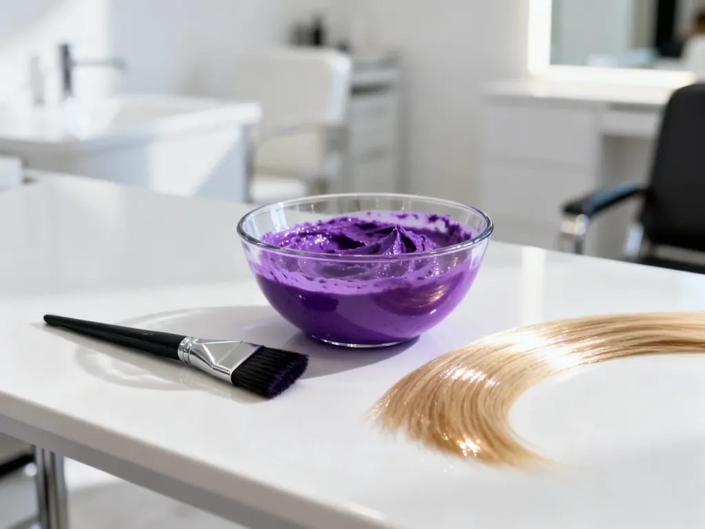 Profesjonalne akcesoria fryzjerskie z fioletową maską tonującą i pasmem blond włosów na stole w salonie.