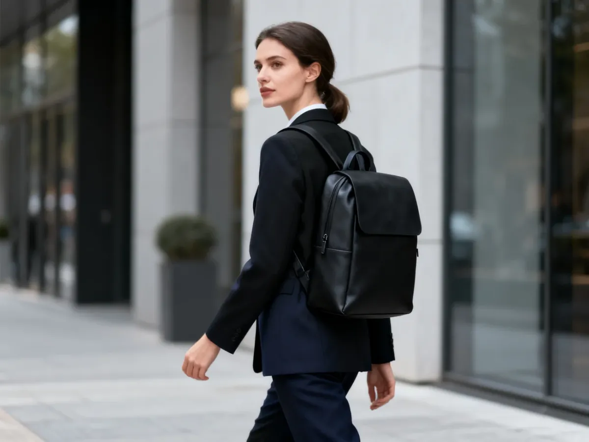 Elegancka kobieta z minimalistycznym czarnym plecakiem pasującym do stroju business casual