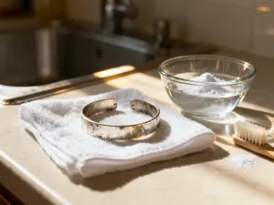 Zmatowiały czarny łańcuszek obok miseczki z roztworem sody oczyszczonej i folią aluminiową, przygotowany do domowego czyszczenia.