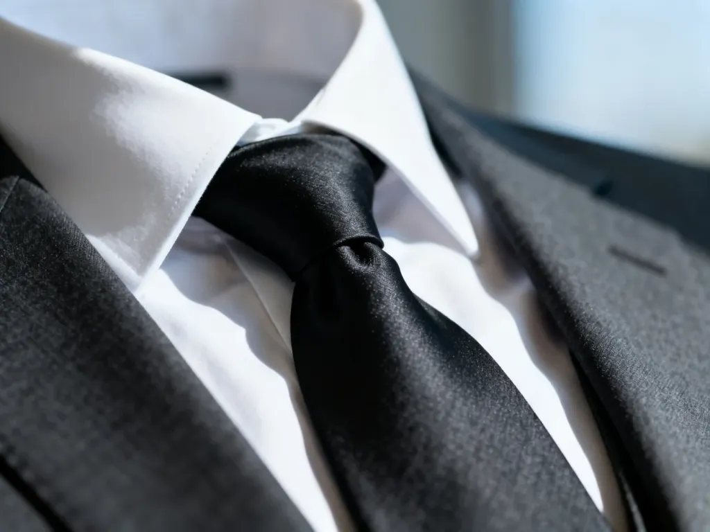 Elegancki czarny krawat z jedwabiu zawiązany pod kołnierzykiem białej koszuli, prezentujący klasyczny i profesjonalny styl.