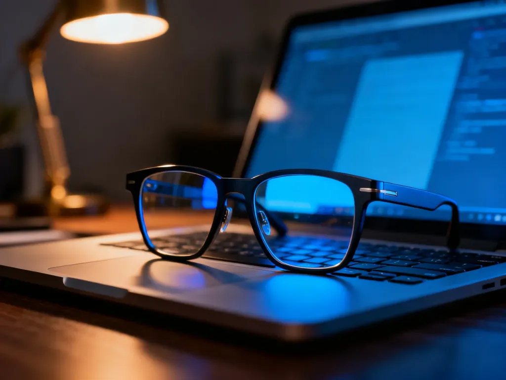 Stylowe męskie okulary z filtrem światła niebieskiego leżące na klawiaturze laptopa w domowym biurze.