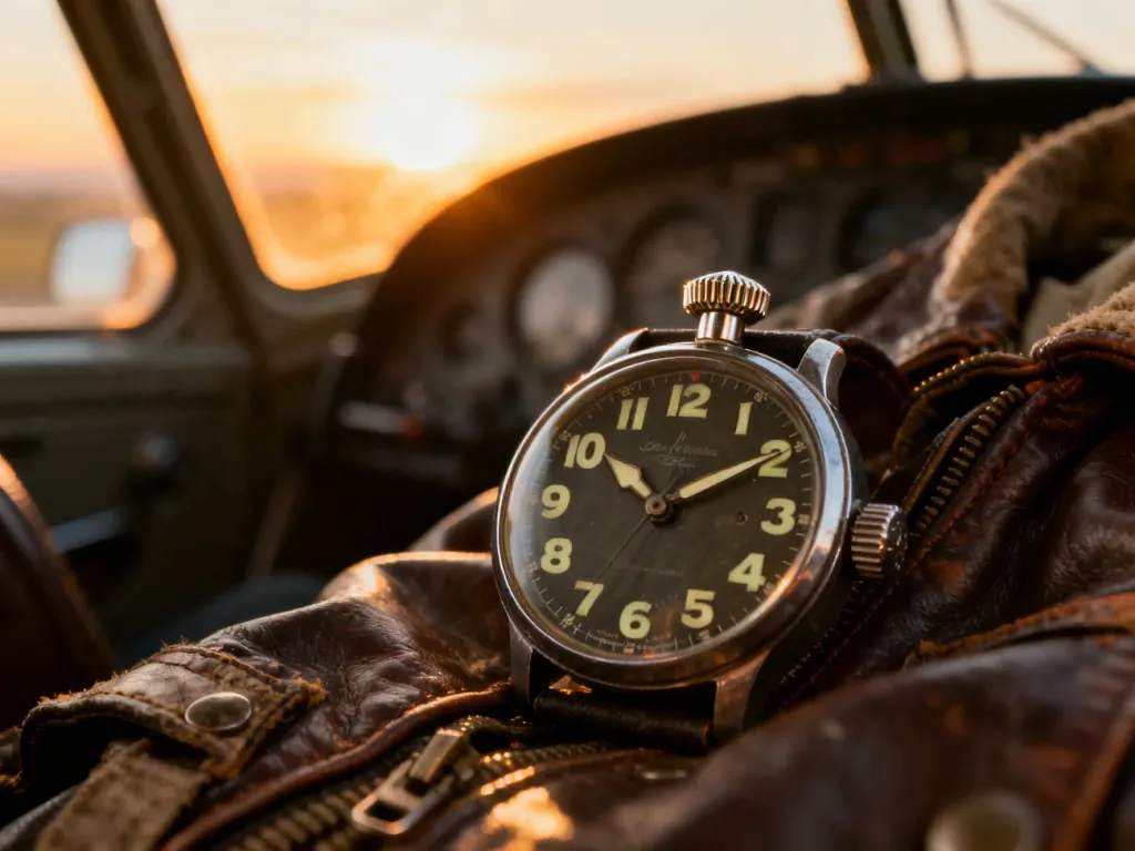 Zegarek typu pilot z wyraźną tarczą spoczywający na skórzanej kurtce lotniczej w klimacie wnętrza kokpitu o zachodzie słońca.