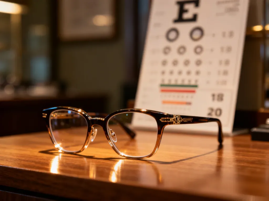 Eleganckie okulary na drewnianym blacie w gabinecie optycznym, z rozmytą tablicą do badania wzroku w tle.