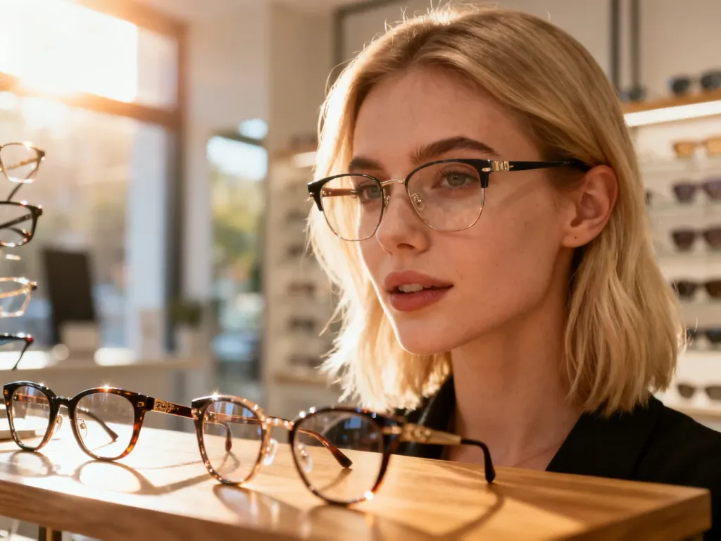 Kobieta o owalnej twarzy przymierza modne oprawki w nowoczesnym salonie optycznym, wybierając idealny model.