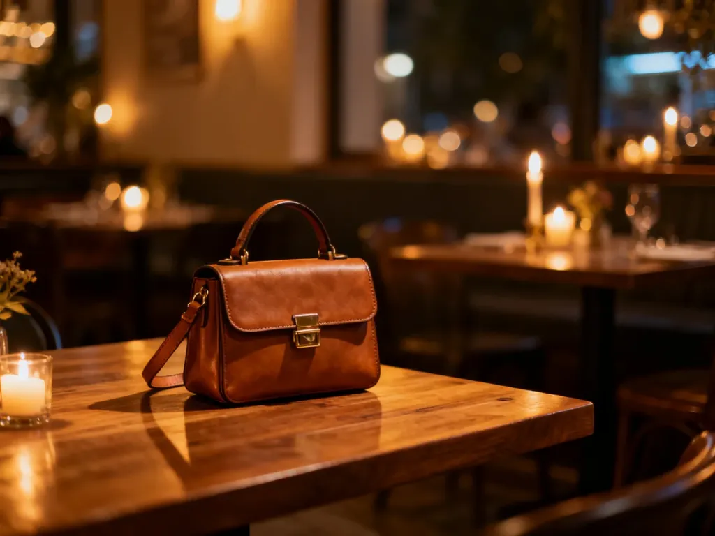 Elegancka, minimalistyczna skórzana torebka na stoliku w nastrojowej restauracji, idealna propozycja na randkę.