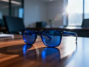 Luksusowe okulary przeciwsłoneczne typu oversize leżące na marmurowym blacie w promieniach porannego słońca.