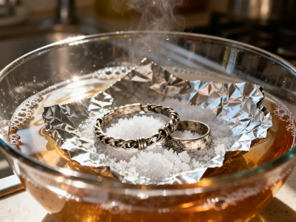 Zmatowiona srebrna biżuteria zanurzona w misce z folią aluminiową, solą i ciepłą wodą podczas procesu czyszczenia.