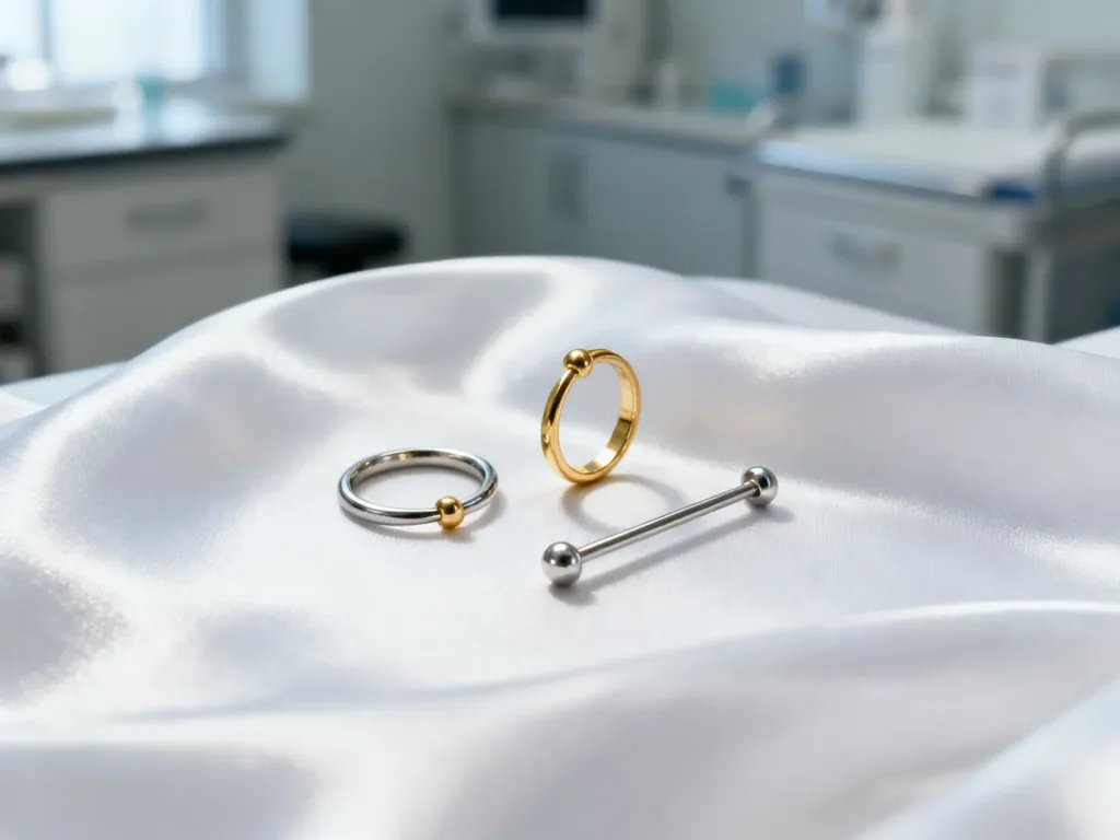 Elegancka biżuteria do kolczykowania sutków wykonana ze stali chirurgicznej i złota, wyeksponowana na białym jedwabiu.