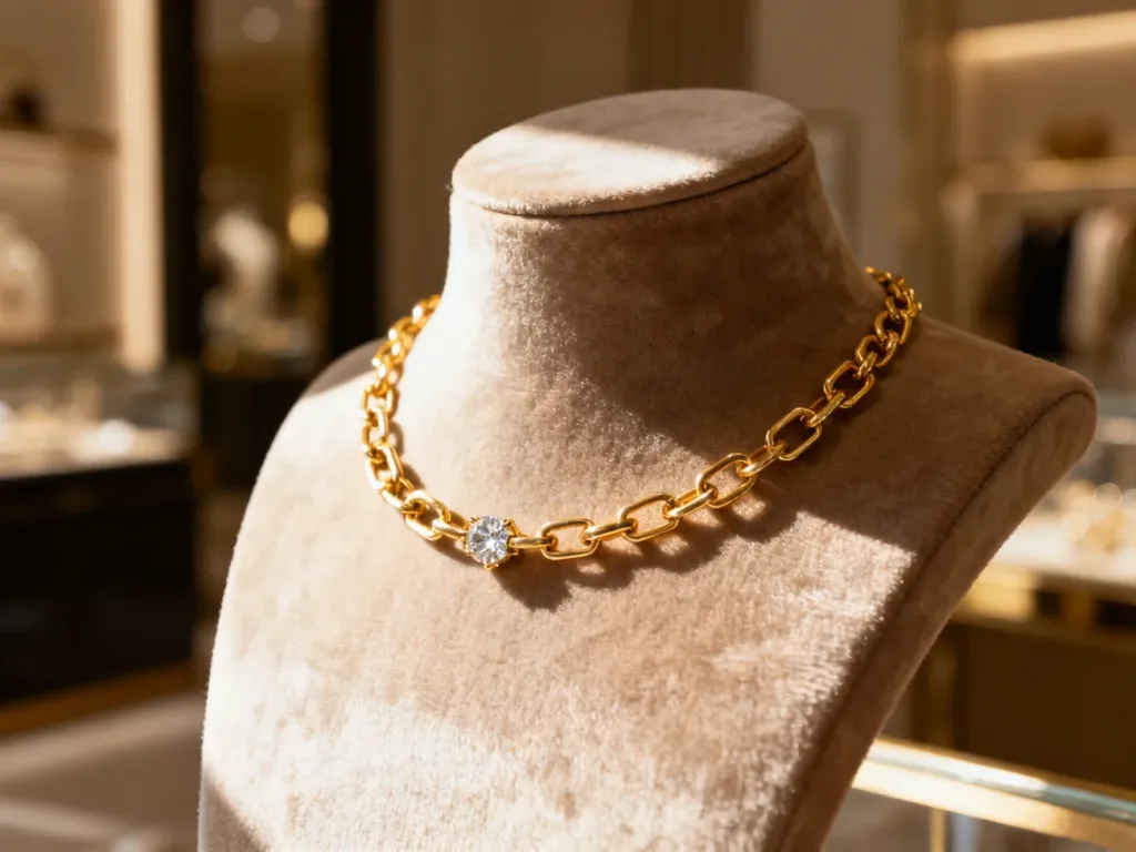 Elegancki złoty choker z delikatnym kamieniem wyeksponowany na aksamitnym stojaku w luksusowym butiku.