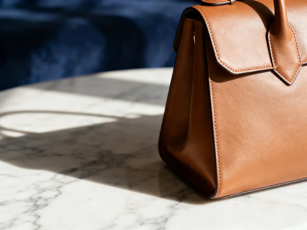 Elegancka skórzana torebka na marmurowym blacie, zestawiona z granatową tkaniną jako inspiracja do stylizacji.