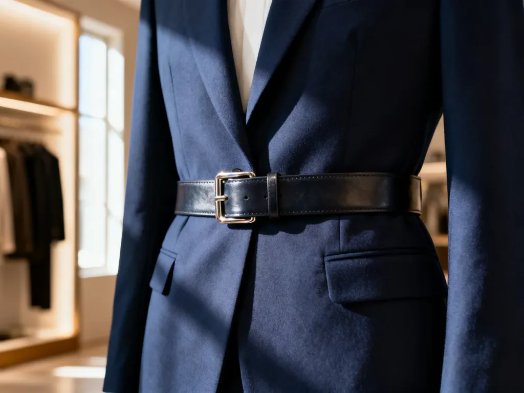 Skórzany pasek z metalową klamrą zapięty na granatowej marynarce, podkreślający talię w eleganckiej stylizacji.