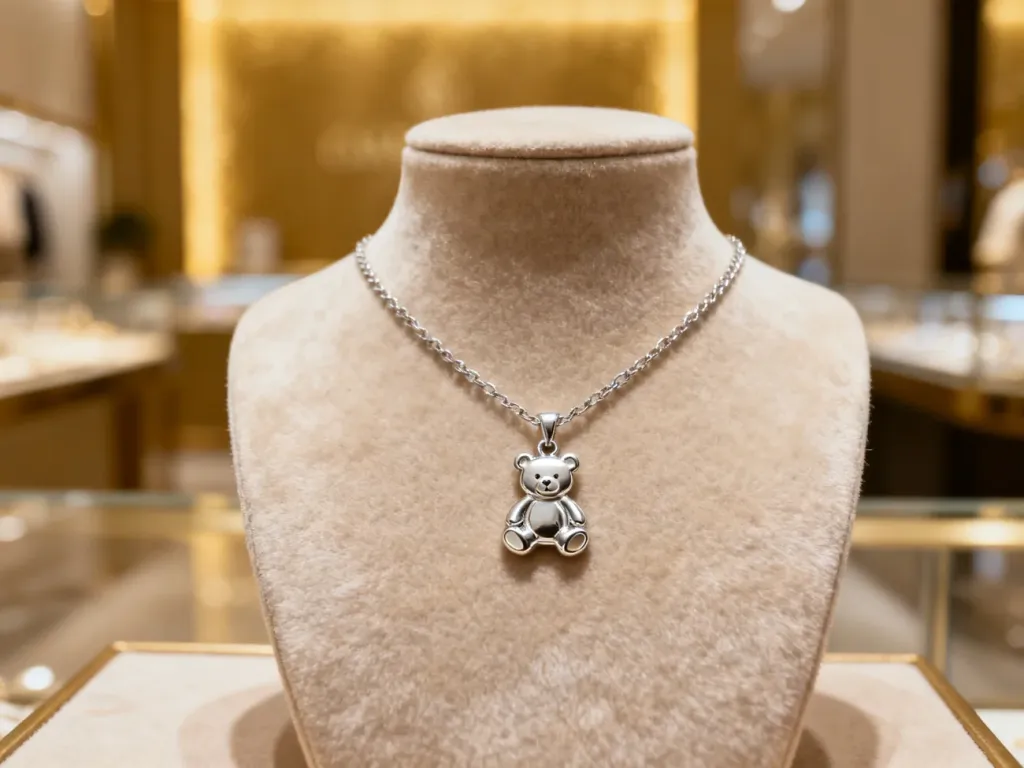 Delikatny srebrny naszyjnik z zawieszką w kształcie misia, wyeksponowany na aksamitnym stojaku w eleganckim wnętrzu.