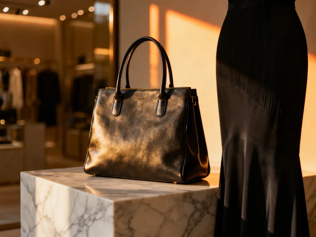 Minimalistyczna skórzana torebka zestawiona z czarną tkaniną sukienki na marmurowym blacie w eleganckim butiku.