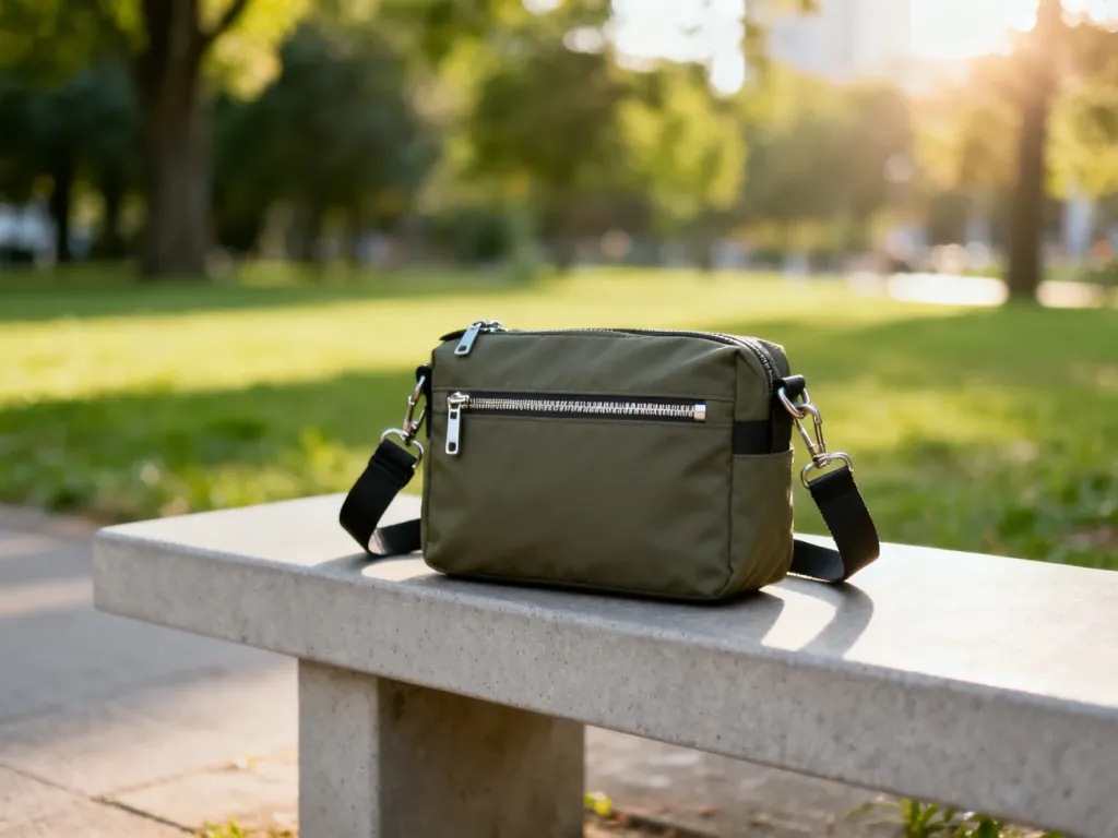 Nowoczesna torebka typu crossbody z wytrzymałego materiału na betonowej ławce w słonecznym parku.