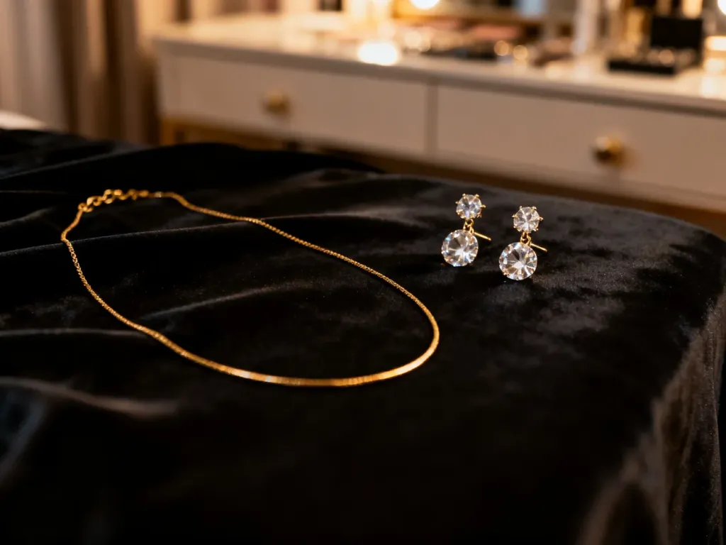 Minimalistyczny złoty naszyjnik i eleganckie kryształowe kolczyki na czarnym materiale, idealnie dopełniające stylizację.