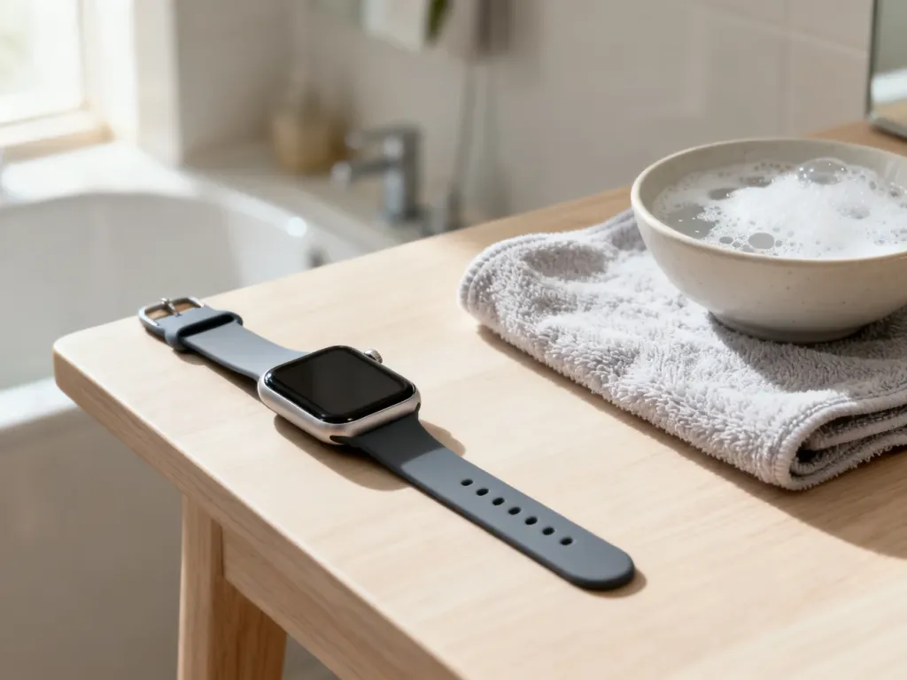 Smartwatch z silikonowym paskiem obok ściereczki z mikrofibry i miseczki z wodą, gotowy do czyszczenia.