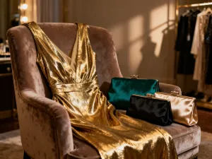 Czarna skórzana sukienka na manekinie w otoczeniu eleganckich dodatków, takich jak złota biżuteria i jedwabne apaszki.