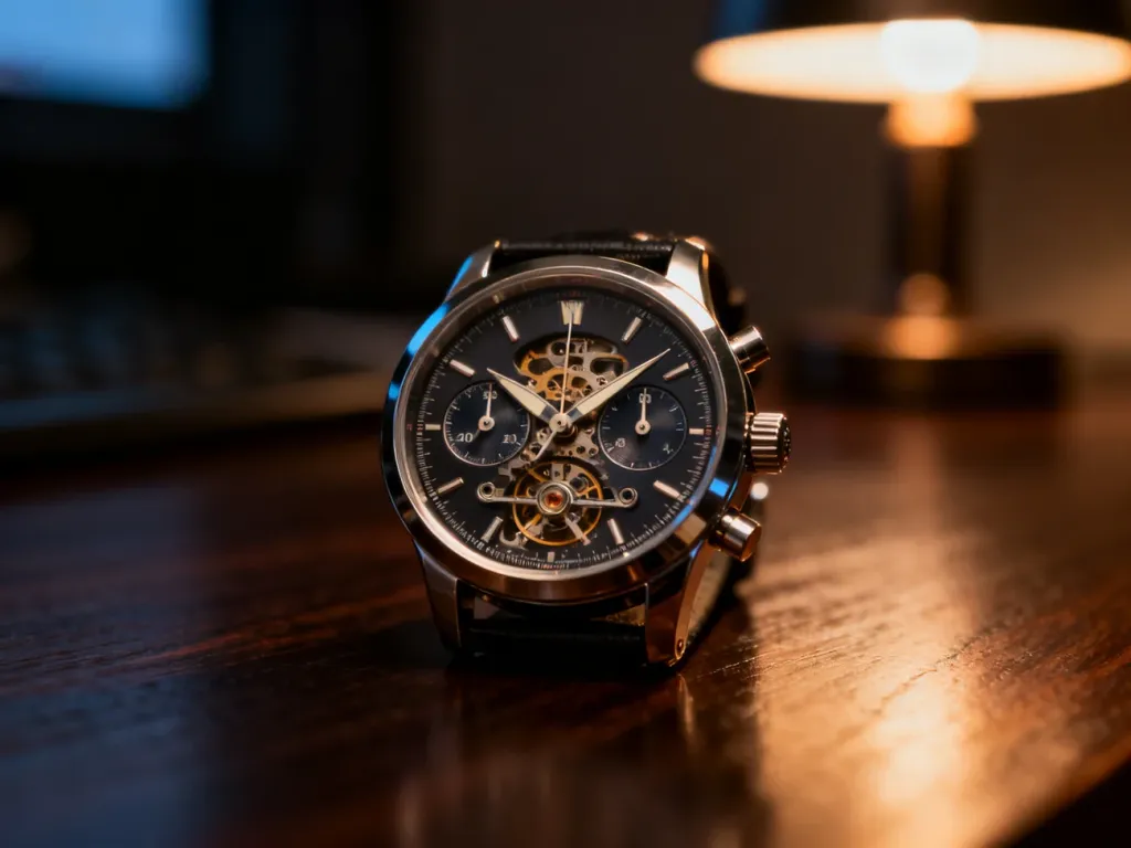 Zbliżenie na tarczę luksusowego zegarka chronografu z widocznymi detalami mechanizmu na tle przytulnego, wieczornego światła.