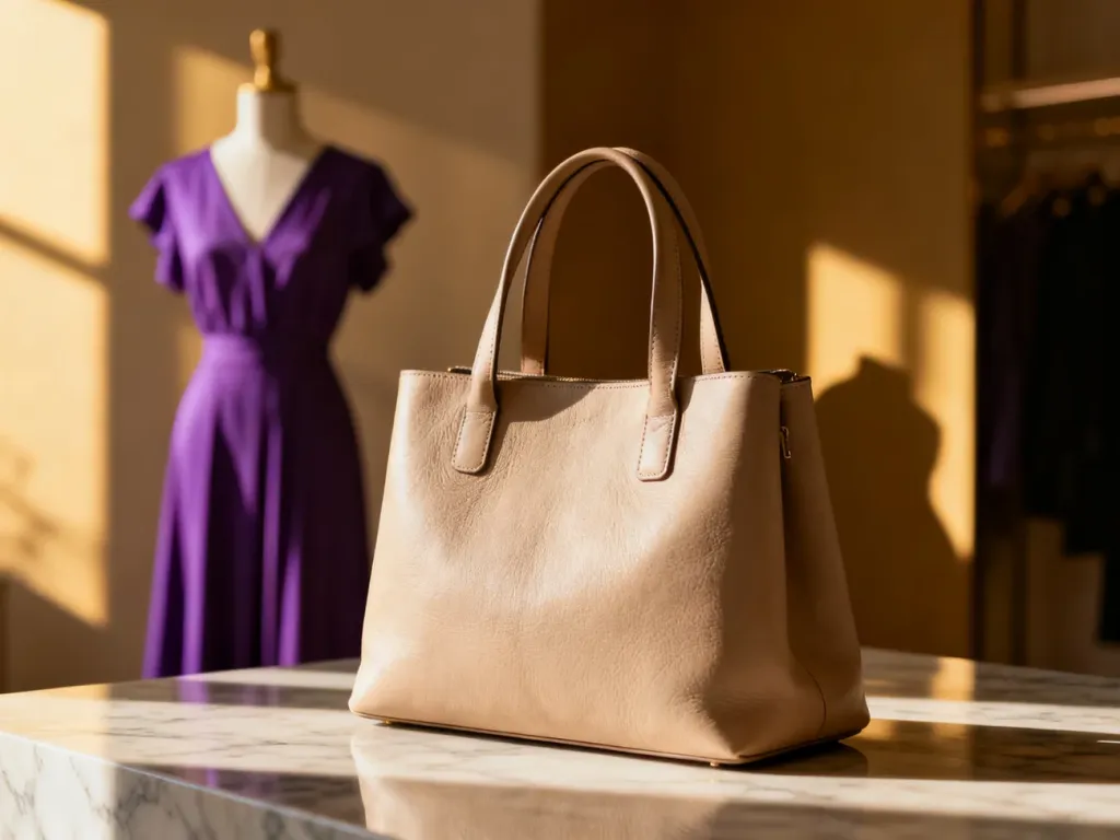 Beżowa skórzana torebka na marmurowym blacie obok fioletowej sukienki, prezentująca eleganckie połączenie kolorystyczne.
