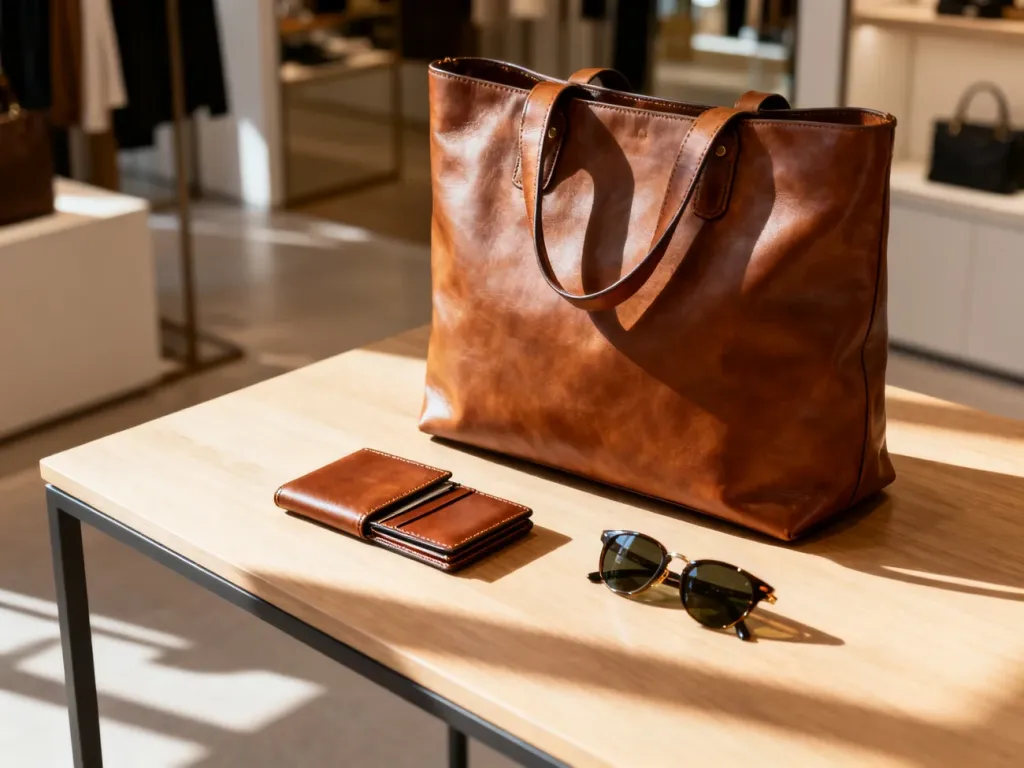 Skórzana torebka typu shopper z portfelem i okularami na drewnianym stole, prezentująca elegancki dodatek na co dzień.