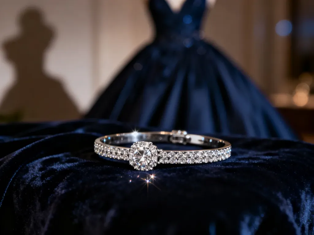 Elegancka srebrna bransoletka z diamentami na ciemnym aksamicie, zestawiona z wieczorową suknią w tle.