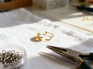 Elegancka biżuteria do piercingu sutków wykonana ze stali chirurgicznej i złota, wyeksponowana na aksamitnym tle.