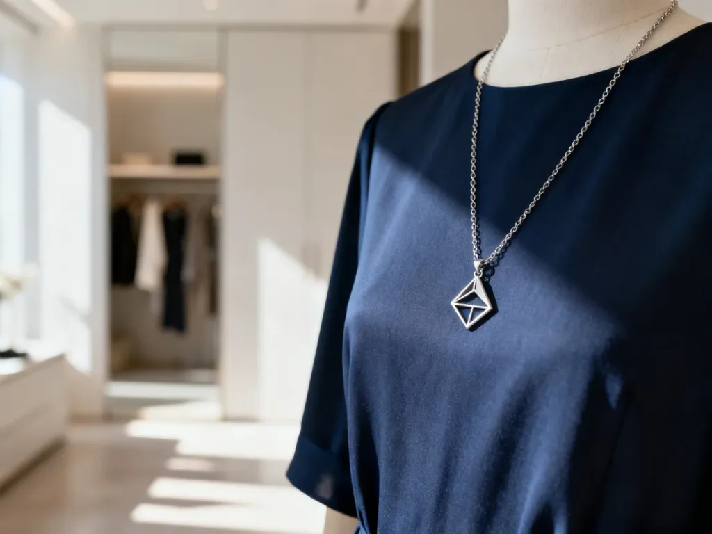 Minimalistyczny srebrny naszyjnik z geometryczną zawieszką na eleganckiej granatowej sukience.
