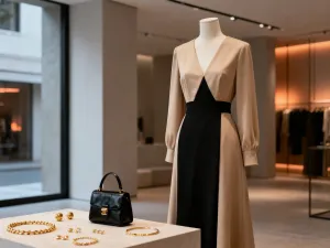 Elegancki skórzany pasek zapięty na minimalistycznej jedwabnej sukience, podkreślający talię i stylizację.