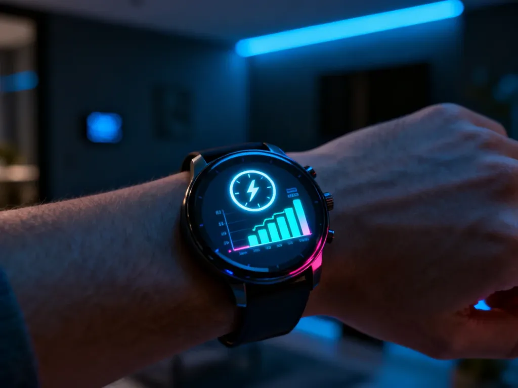 Nowoczesny smartwatch na nadgarstku wyświetlający interfejs przypominający licznik zużycia energii elektrycznej.