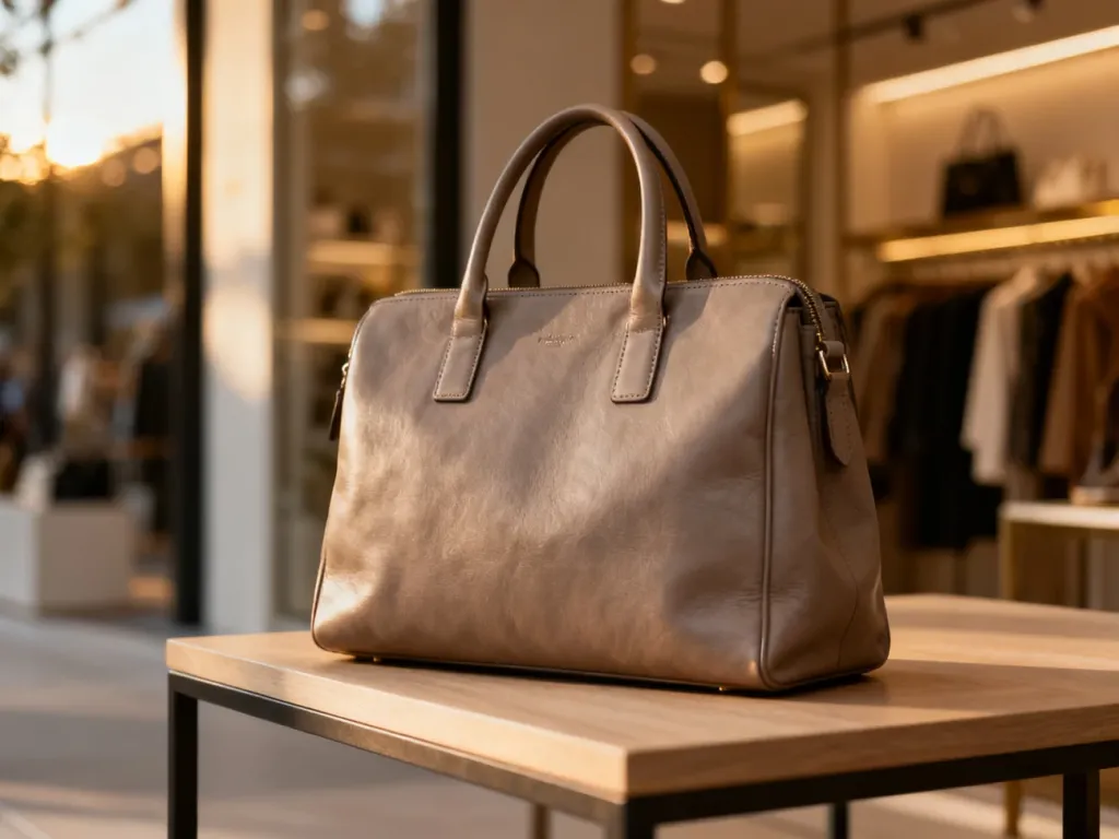 Elegancka skórzana torebka w kolorze taupe na drewnianym stole, prezentująca uniwersalny dodatek do każdej stylizacji.