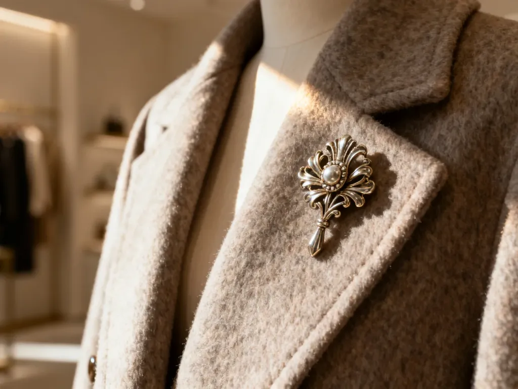 Elegancka broszka w stylu vintage przypięta do klapy wełnianego płaszcza w świetle poranka.