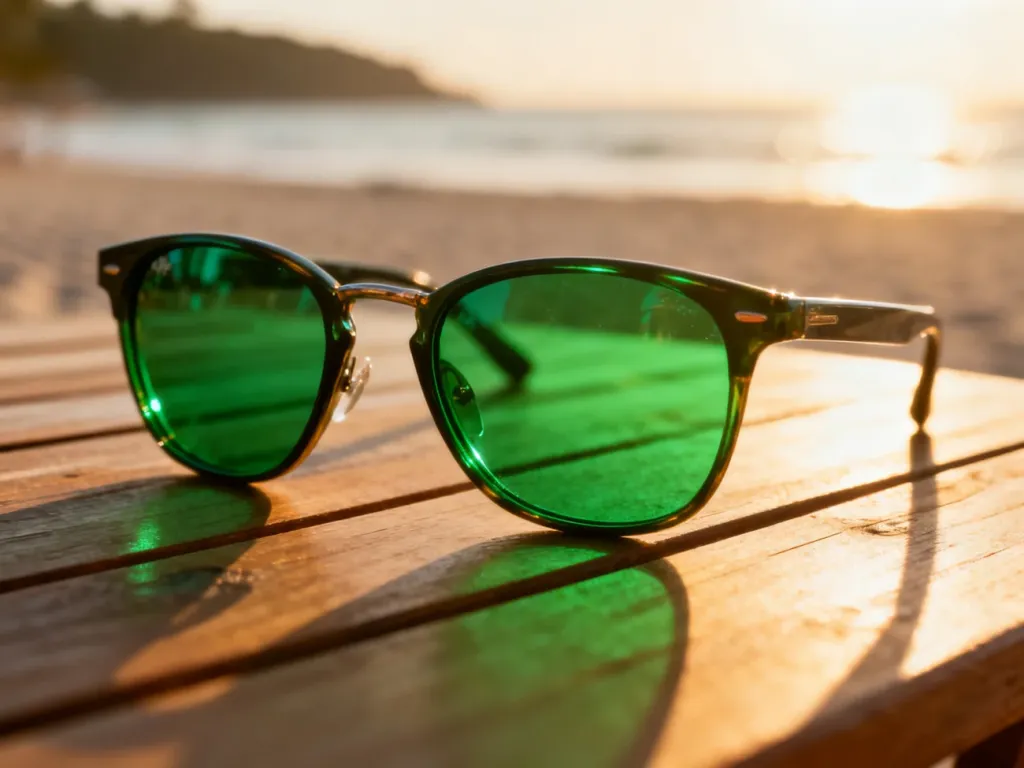 Stylowe okulary z zielonymi szkłami leżące na drewnianym stole na tle rozmytej, słonecznej plaży.