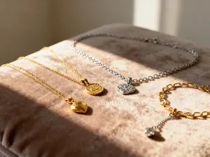 Elegancki srebrny wisiorek w kształcie drzewa życia spoczywający na drewnianym stole w otoczeniu jesiennych liści.