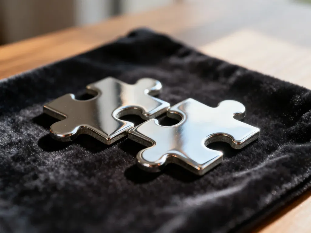 Dwa srebrne elementy puzzli idealnie do siebie pasujące, leżące na ciemnym aksamicie, symbolizujące więź i jedność.
