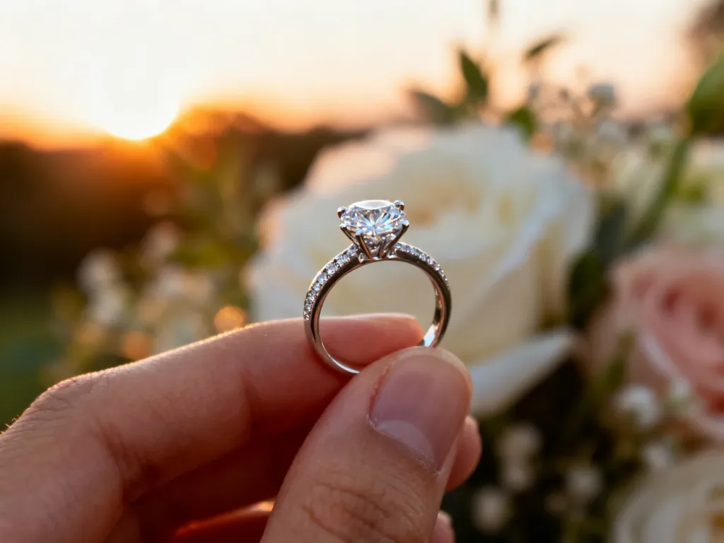 Klasyczny pierścionek zaręczynowy z diamentem w blasku zachodzącego słońca, prezentujący elegancję i detale biżuterii.