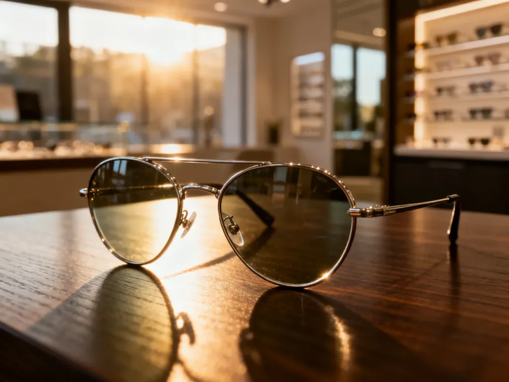 Klasyczne okulary pilotki z metalowymi oprawkami leżące na drewnianym stole w eleganckim salonie optycznym.
