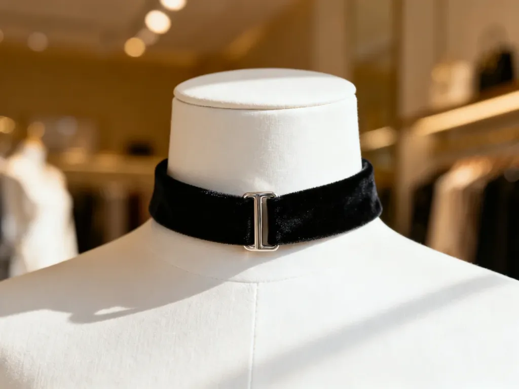 Elegancki czarny choker z aksamitu na białym manekinie, ukazujący detale srebrnego zapięcia i fakturę materiału.