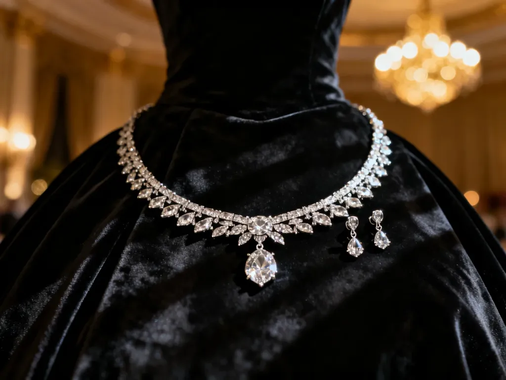 Elegancka srebrna biżuteria z diamentami na czarnym aksamicie, idealnie dopełniająca studniówkową stylizację.